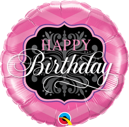 Birthday Pink & Black Round Balloon (Helium) - 18 Inches